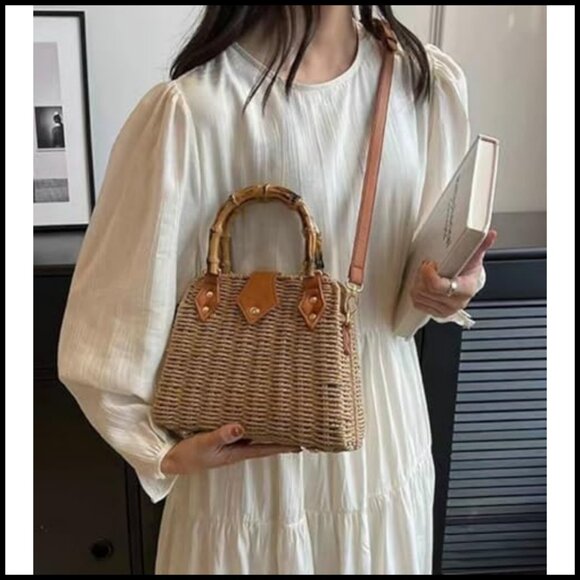 Rattan Woven Crossbody Shoulder Bag Minimalist Boho Summer Beach Tote - Picture 6 of 7